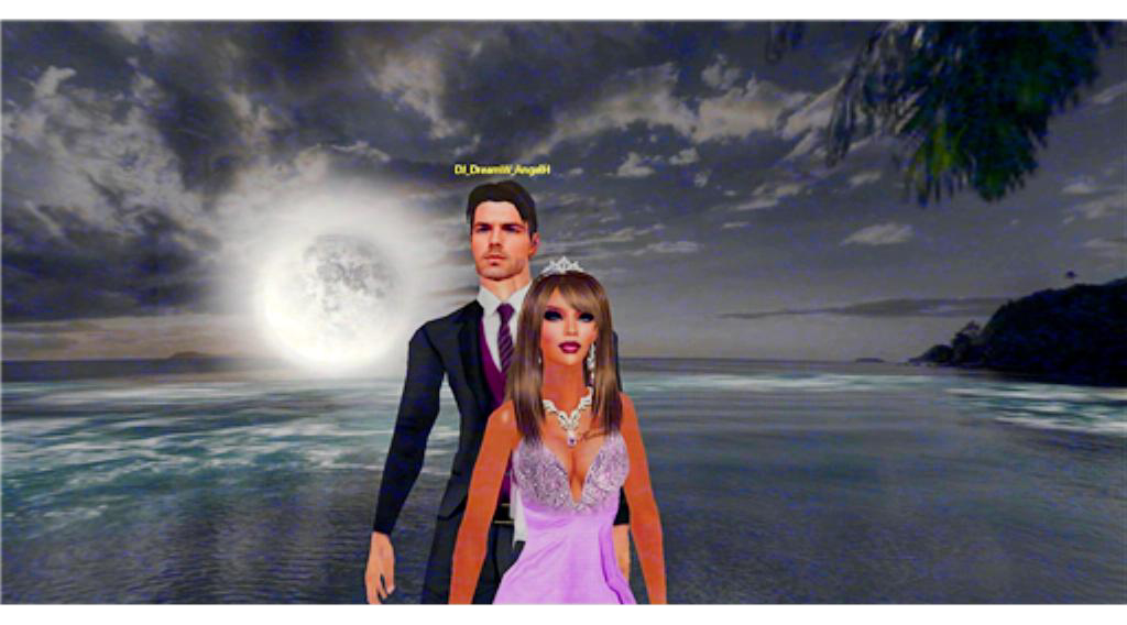 Dream and Angel standing together beneath a full moon by the sea