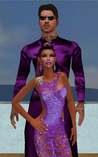 Dream and Angel dressed in purple evening wear